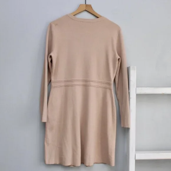 NENONA Tan Knit Long Sleeve Gold Button Mini Dress Size Medium - Picture 2 of 6